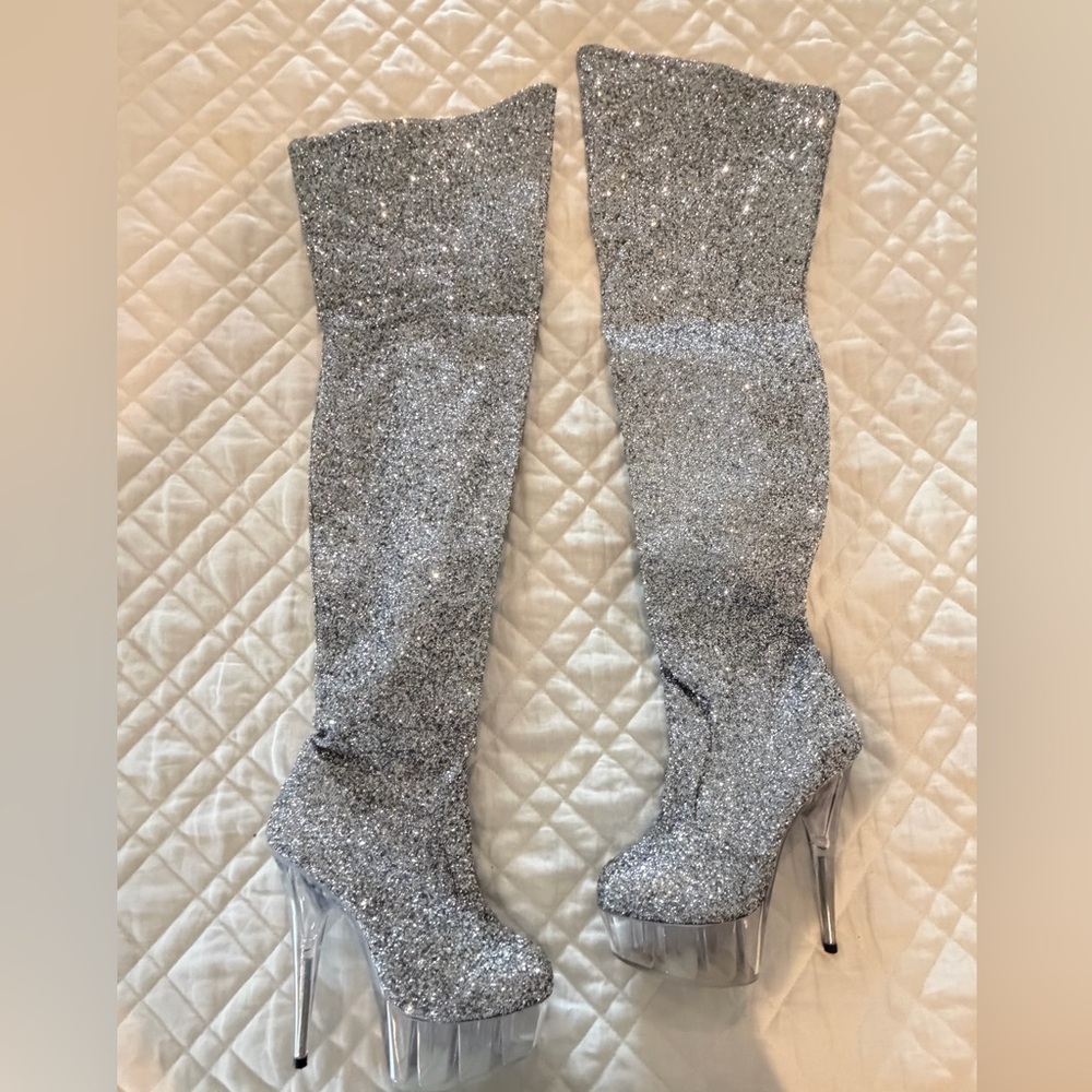 Silver Glitter Thigh-High Platform Boots - Women's Sparkle Heels